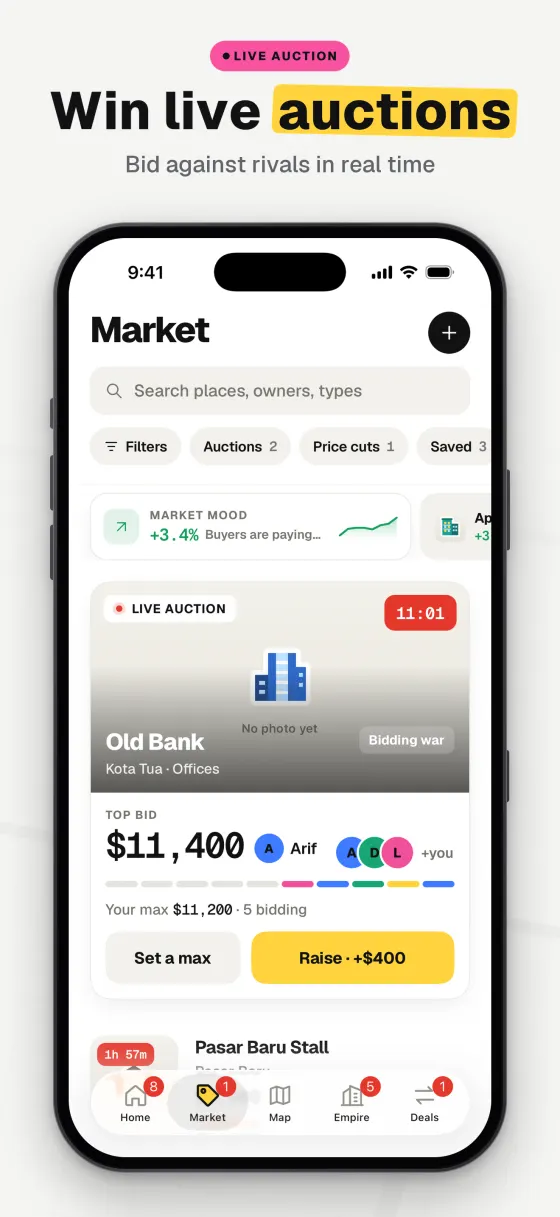 Market screen with a live auction for the Old Bank